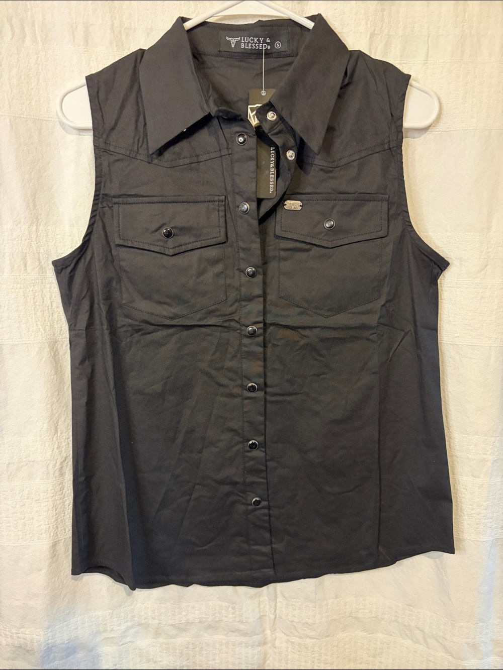NWT Lucky & Blessed black sleeveless top with collar